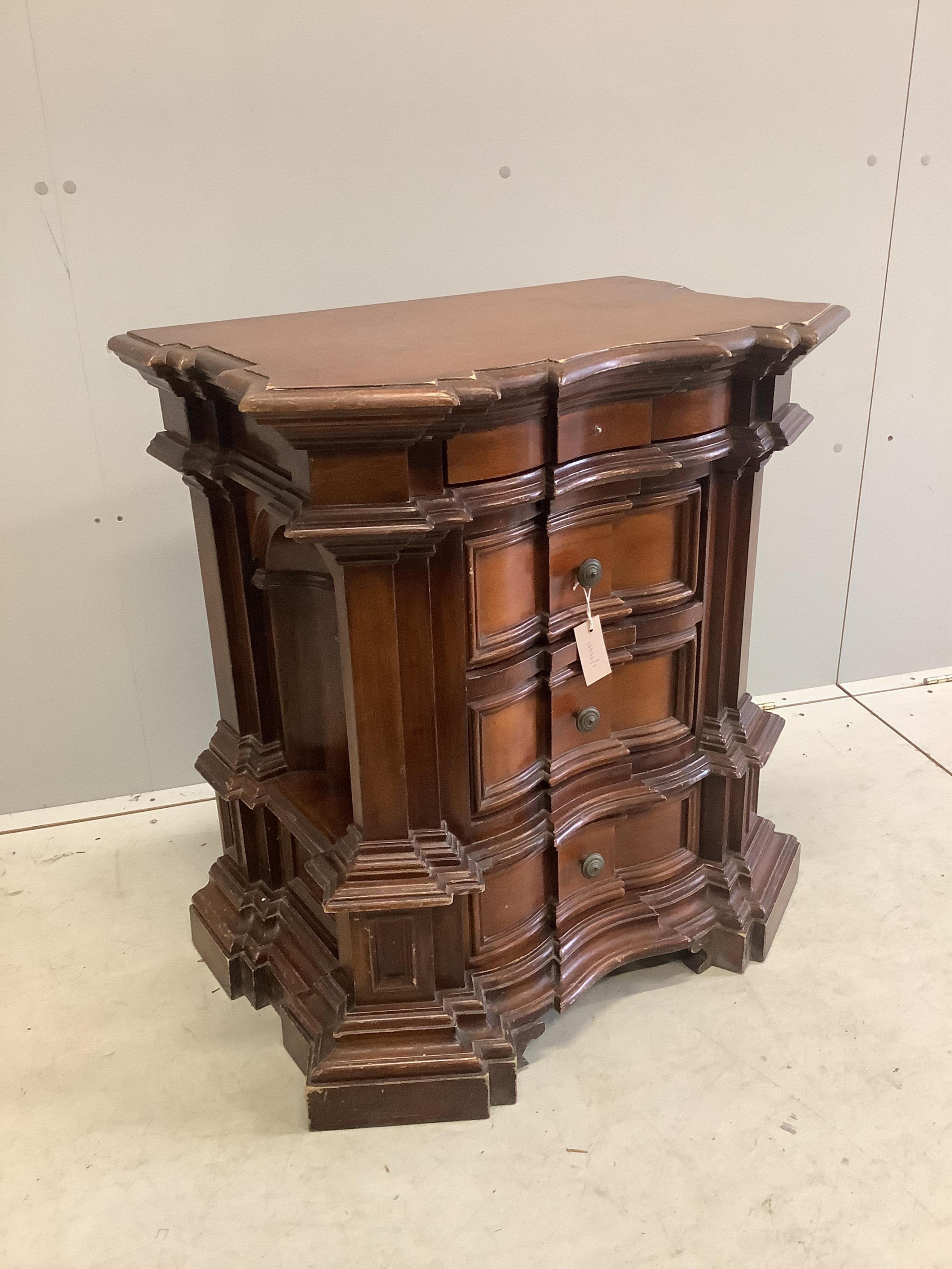 A reproduction 18th century style Tuscan walnut commode, width 72cm, depth 44cm, height 77cm. Condition - fair, top scratched